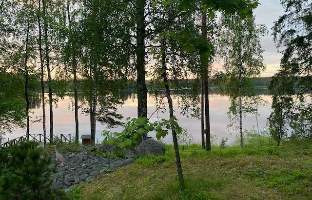 Puiden takaa paljastuva järvimaisema auringonlaskussa.