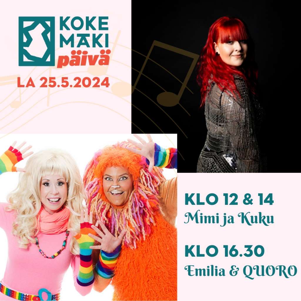 Mainoskuva Kokemäki-päivän ilmaisesta päiväohjelmasta, jota tähdittävät Mimi ja Kuku sekä Emilia ja Quoro.