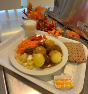 Ruokatarjottimella koululounas. Lautasella perunaa, lihapullia ja salaattia. Lisänä on lasillinen maitoa ja näkkileipää.