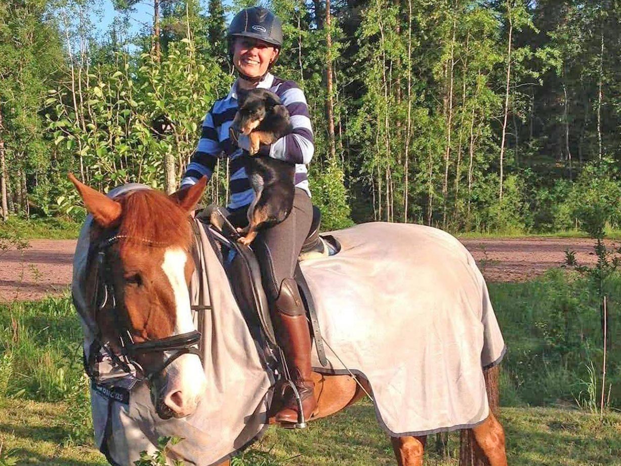 Kuvassa vaaleanruskea hevonen, jonka selässä istuu Katja Törrönen, jolla on raidallinen huppari, ratsastushousut ja ruskeat ratsastussaappaat. Katjan sylissä on pieni musta koira. Taustalla on kesäistä koivumaisemaa.