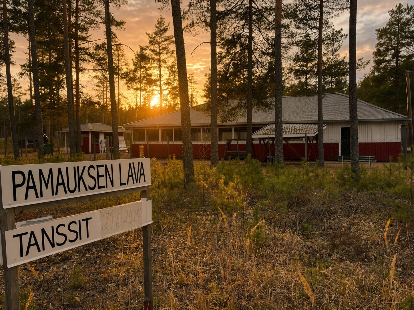 Männikköä auringonlaskun valossa. Etualalla kaksi puista kylttiä, jotka osoittavat taka-alalla olevalle Pamauksen lavalle. Taka-alalla punainen matalahko puurakennus.