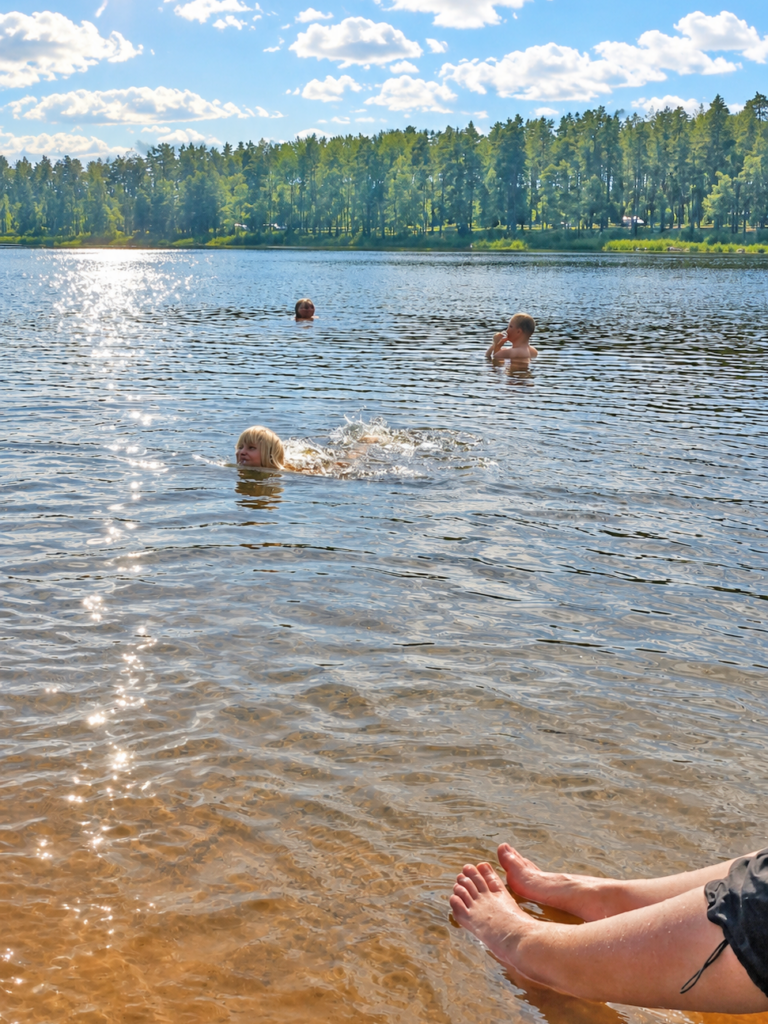Aurinkoinen päivä, järvessä kolme uimaria ja oikealla paljaat sääret ja varpaat.