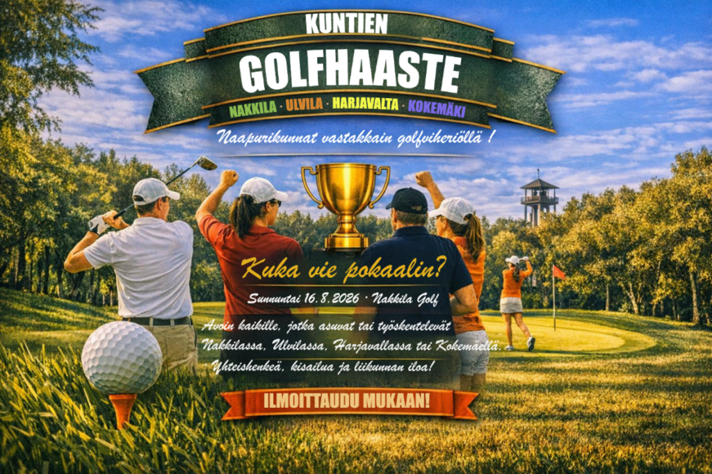 Tekoälyllä luotu kuva, jossa golfnurmi ja pelaajia vaaleissa golfhameissa ja shortseissa. Kuvan keskellä lukee "Kuka vie pokaalin?"