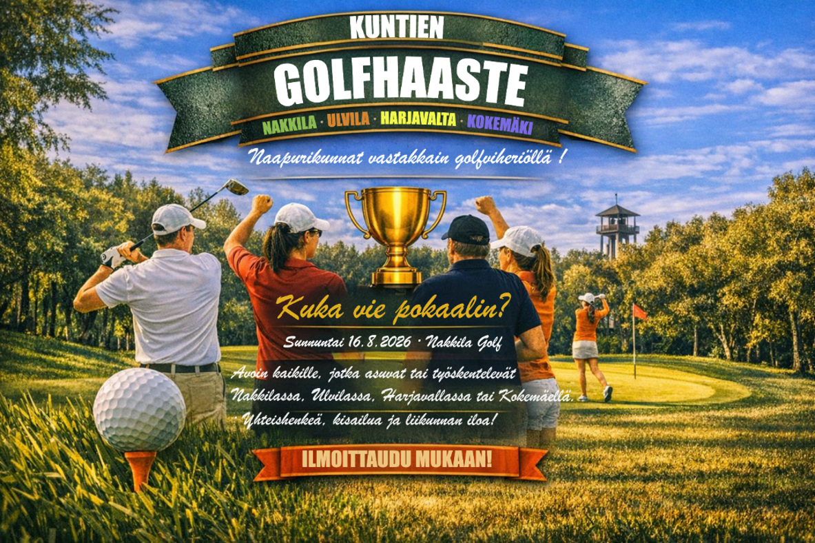 Tekoälyllä luotu kuva, jossa golfnurmi ja pelaajia vaaleissa golfhameissa ja shortseissa. Kuvan keskellä lukee "Kuka vie pokaalin?"