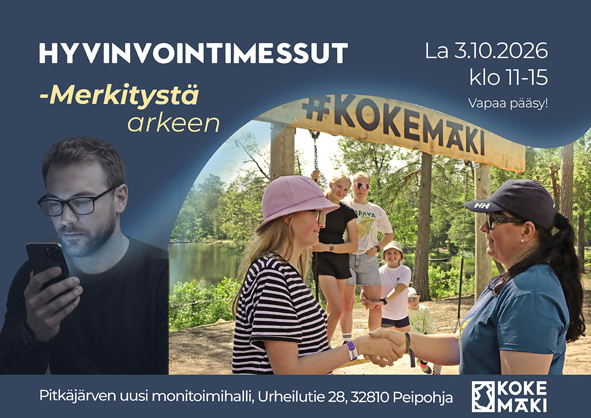 Hyvinvointimessujen ilme, tummansinisellä taustalla vasemalla mies puhelin kädessään oikealla iloinen poukka kättelee.