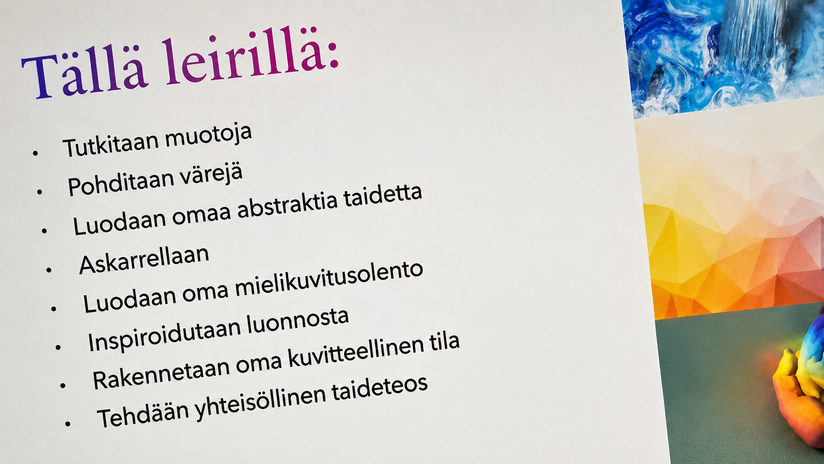 Värikäs leiriohjelma, jossa kerrotaan, mitä päiväleirillä on ohjelmassa.