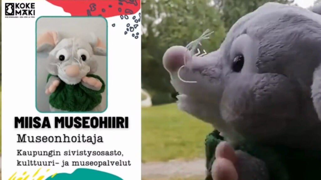 Miisa Museohiiren kulkukortti ja oikealla itse Miisa käsinukke.