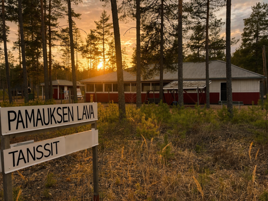 Iltaruskon valossa tanssilava, etualalla opaskyltit.