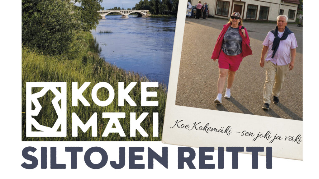 Kuva jossa vasemmalla Kokemäen logo kuvataustalla, oikealla polaroidtyylinen kuva jossa nainen ja mies kävelemässä.