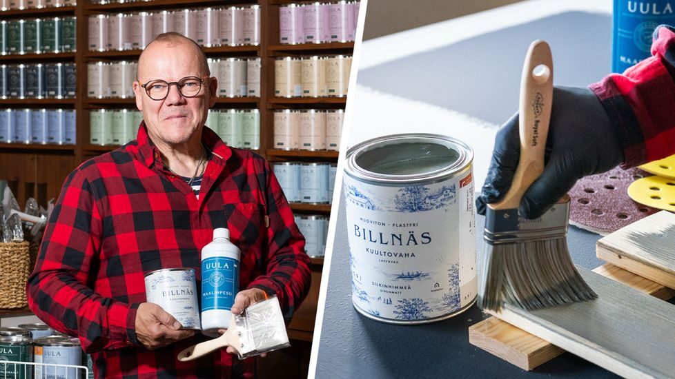 Vasemmalla Ilari Hyyrynen valkoinen purkki kädessä, taustalla maalipurkkeja, oikealla aalipurkki ja maalisuti jossa kuultovahaa.