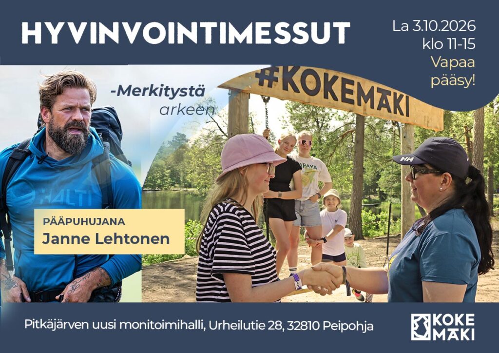 Hyvinvointimessujen mainoskuva. Vasemmalla mies, oikealla ryhmä lapsia ja kättelevät naiset.